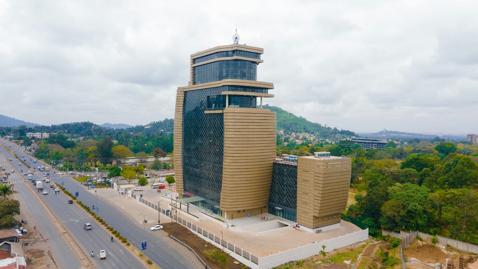 Aerial view of a main road and modern buildings in Arusha